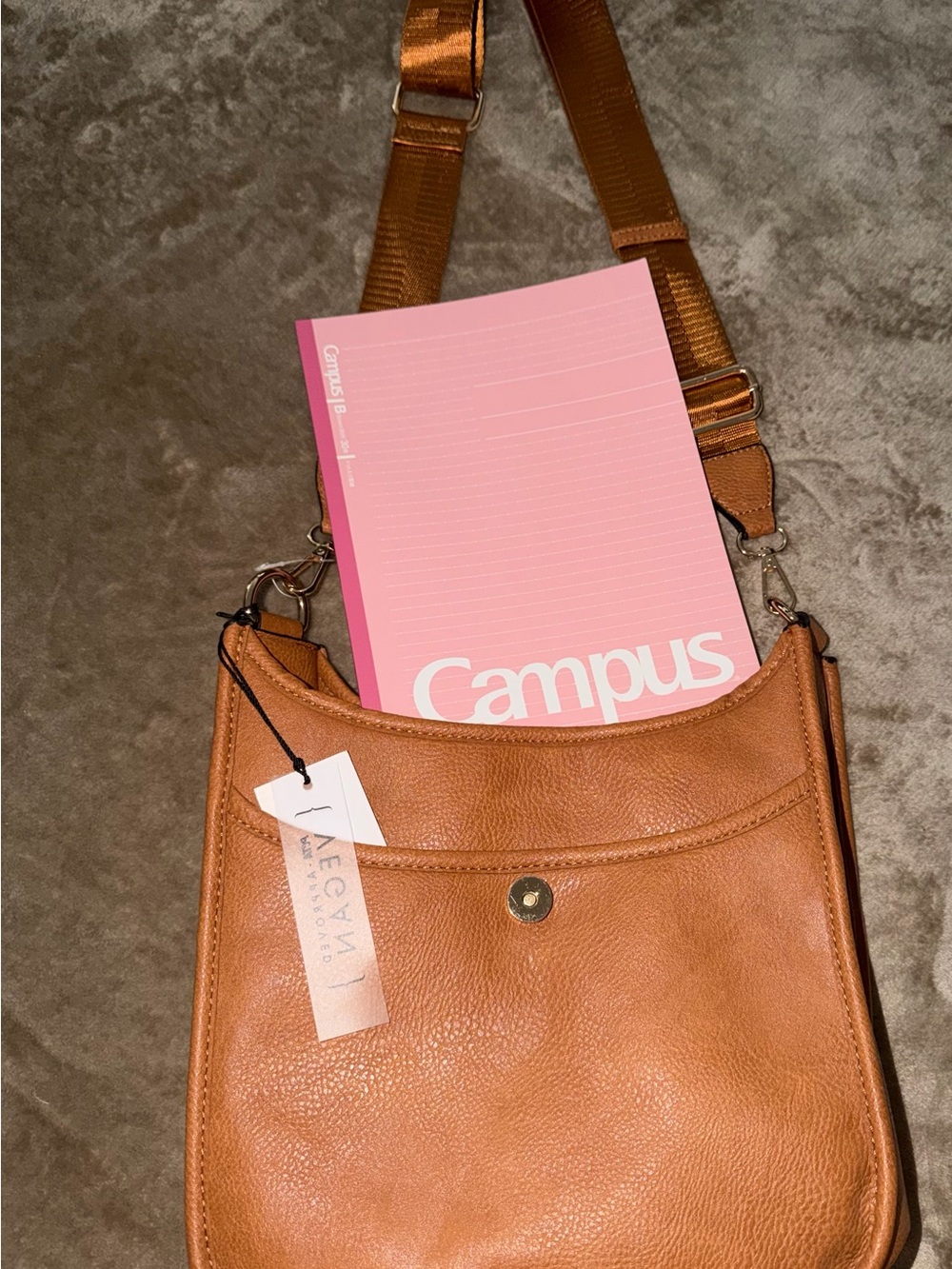 Emporio Vegan Leather PETA Approved Crossbody Bag in Cognac Brown & campus book